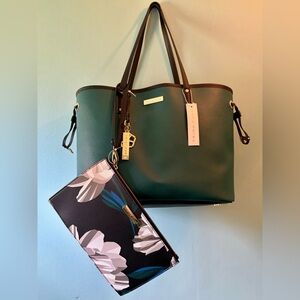 Trina Turk Dark Green Tote with Floral Pouch